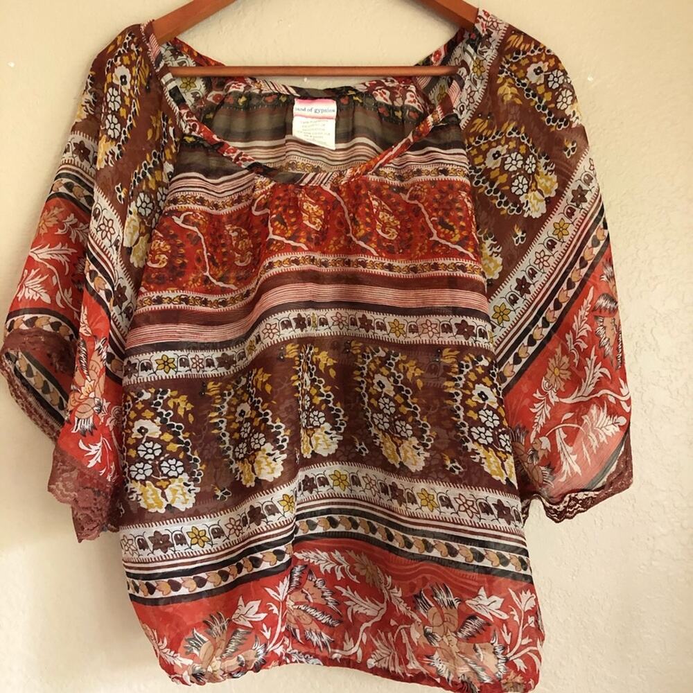 Band of Gypsies Orange Brown Semi Sheer Top Lace Boho Fall Peasant Small